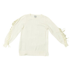 Chico's Women's Pullover Sweater Fringe Beige Size 0 Acrylic Crew Neck Solid